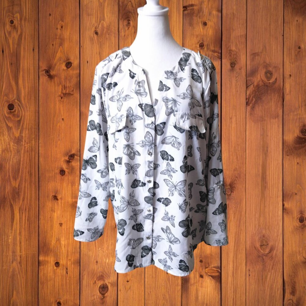 Adrienne Vittadini Women's XL Butterfly Print Roll Tab Sleeve Blouse Button Up